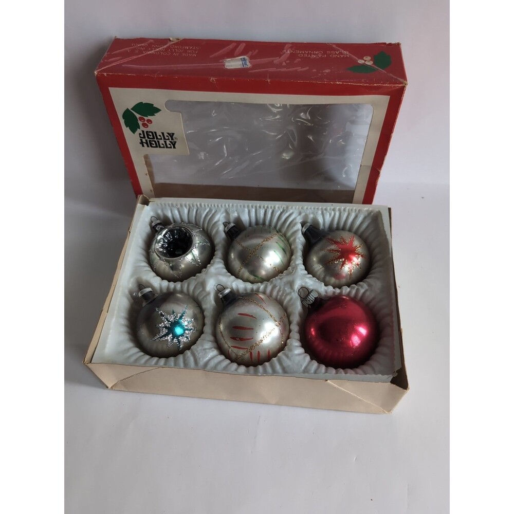 VTG Jolly Holly Christmas Hand Painted Mercury Glass Ornaments Indent Starburst